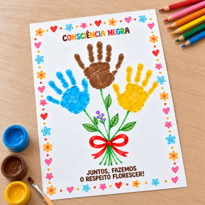 Cartaz artesanal com mãos coloridas